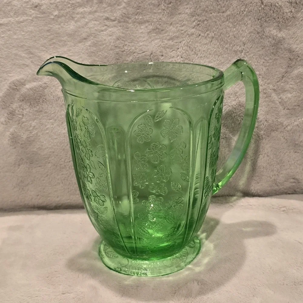 Vintage Jeannette Glass Cherry Blossom Green Depression Glass Pitcher 1930s 6.75